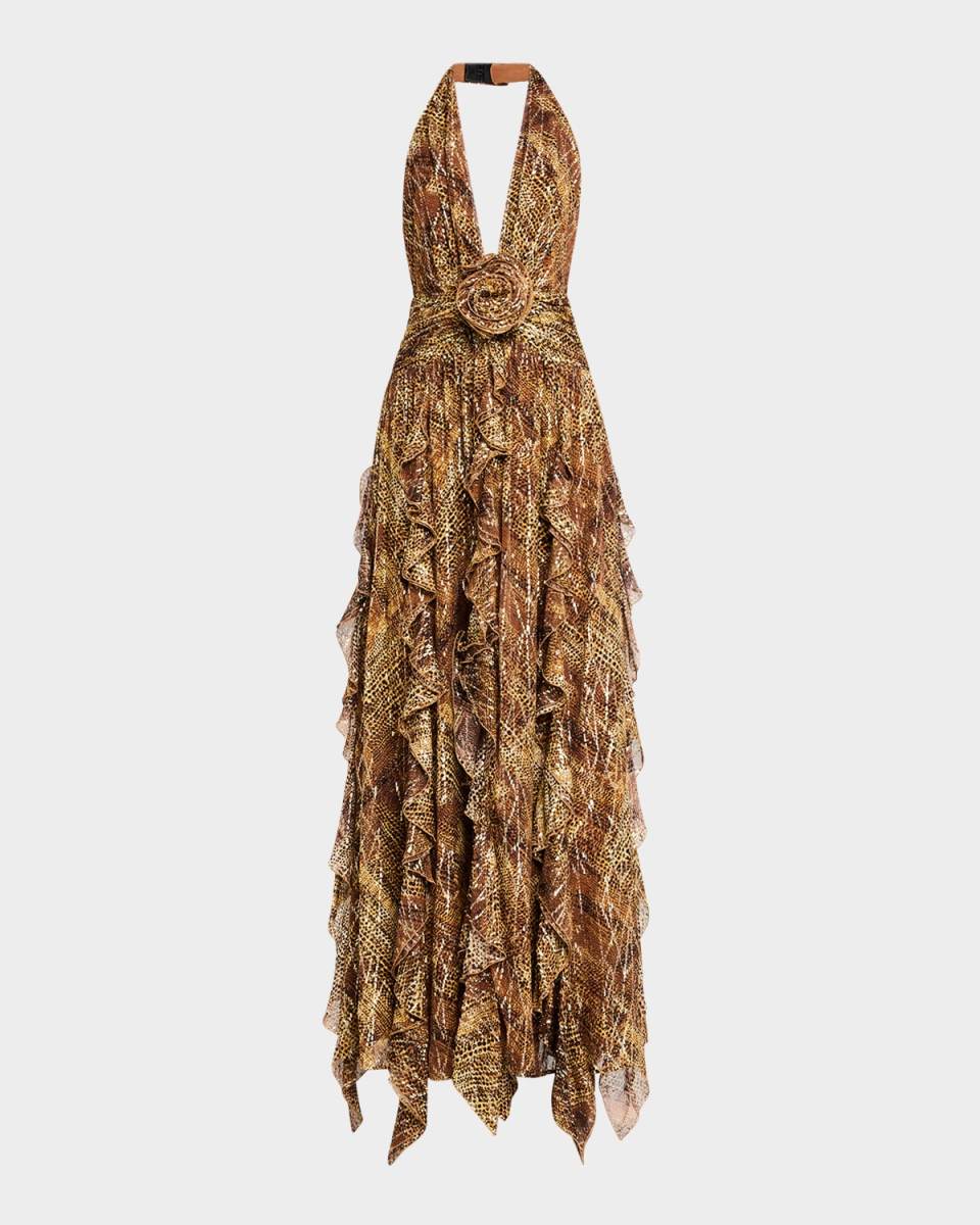 Emerance Animal-Print Plunging Ruffle Gown